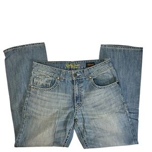 Wrangler Rock 47 Denim Jeans Mens Relaxed Fit Medium Wash Western Thick Stitch